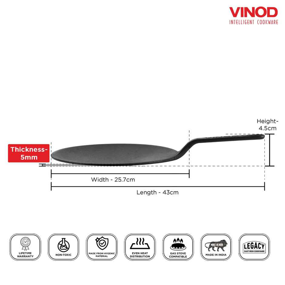 Vinod Legacy Pre-Seasoned Cast Iron Roti Tawa, 26 Cm, Induction Friendly, Black