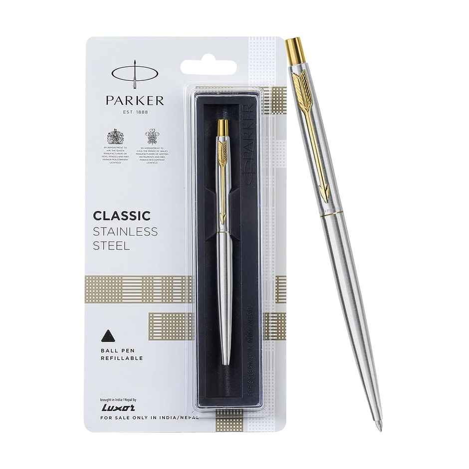 Parker Classic Stainless Steel Gold Trim Ball Pen| Ink Color - Blue