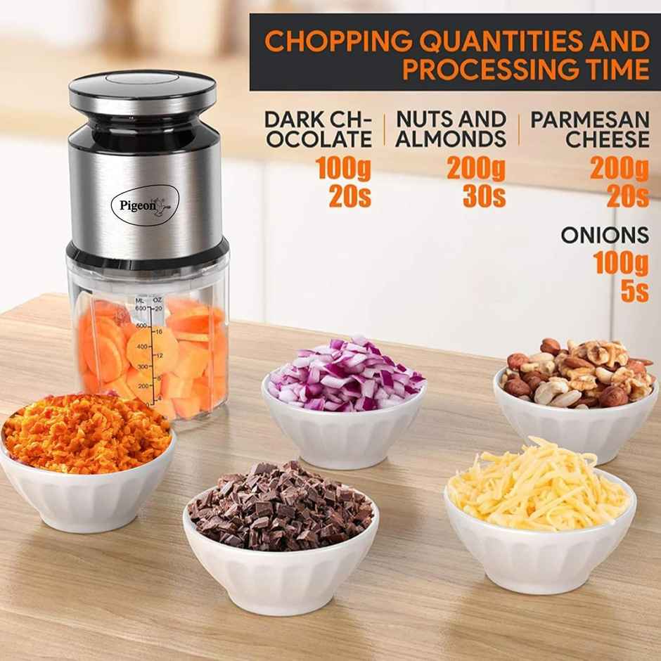 Pigeon Ultra Fast Electric 300 Watts Electric Chopper For Kitchen, Twin Blade Technology, 600 Ml, Plastic Bowl With Lid, Vegetable Chopper, Cutter, Chop, Mince, Dice, Blend - Silver