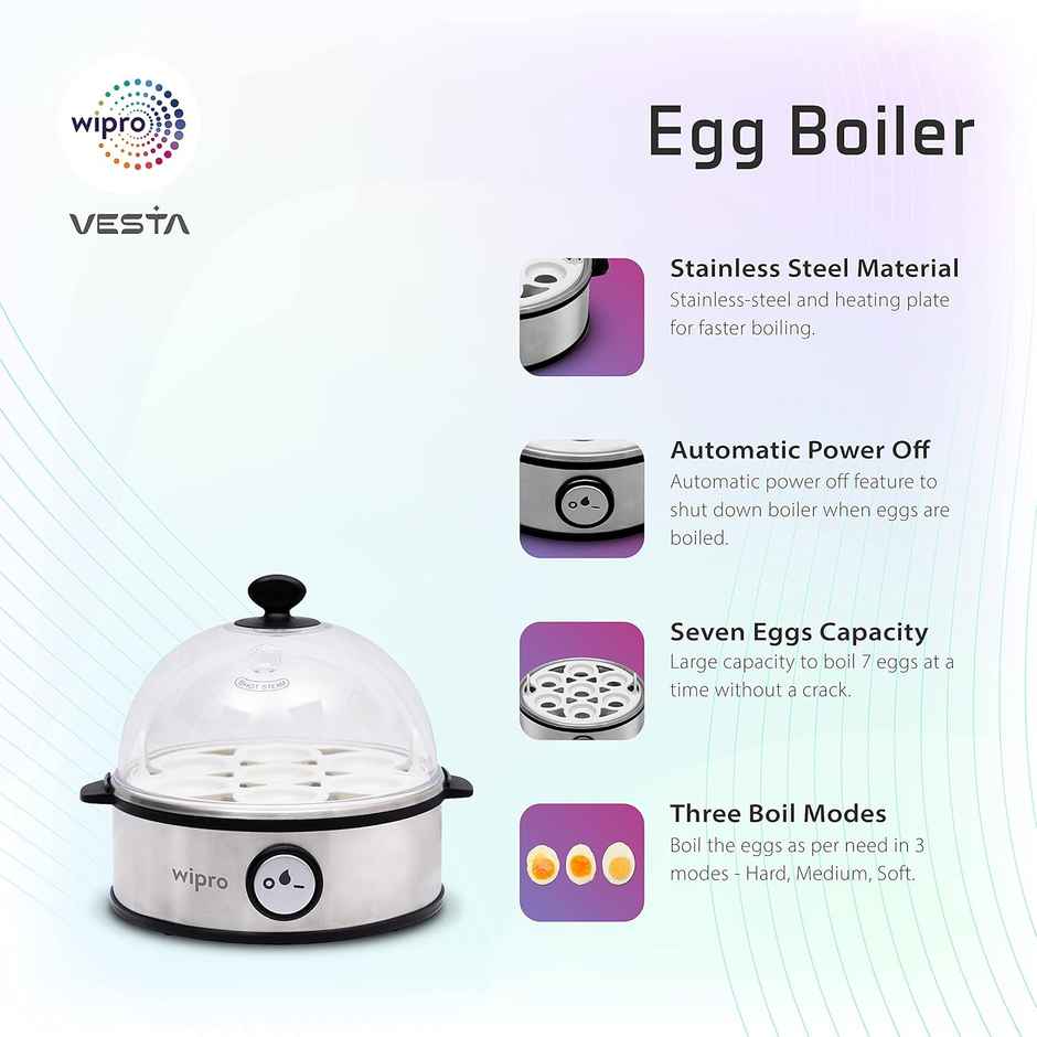 Wipro Vesta Electric Egg Boiler, 360 Watts, 3 Boiling Modes, White