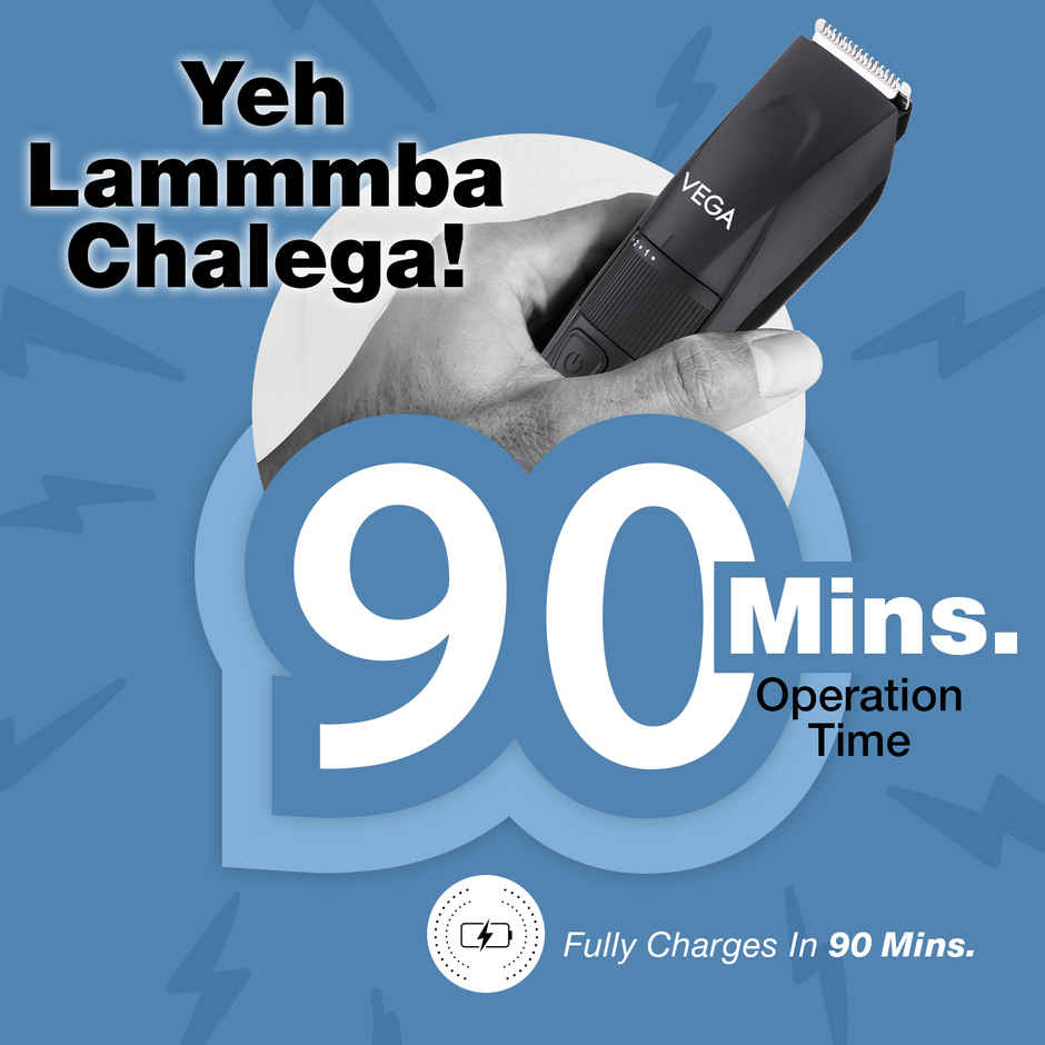 Vega Power Lite Beard Trimmer for Men with 90 mins Runtime, 2 Comb Attachment, USB Type C (VHTH-38)