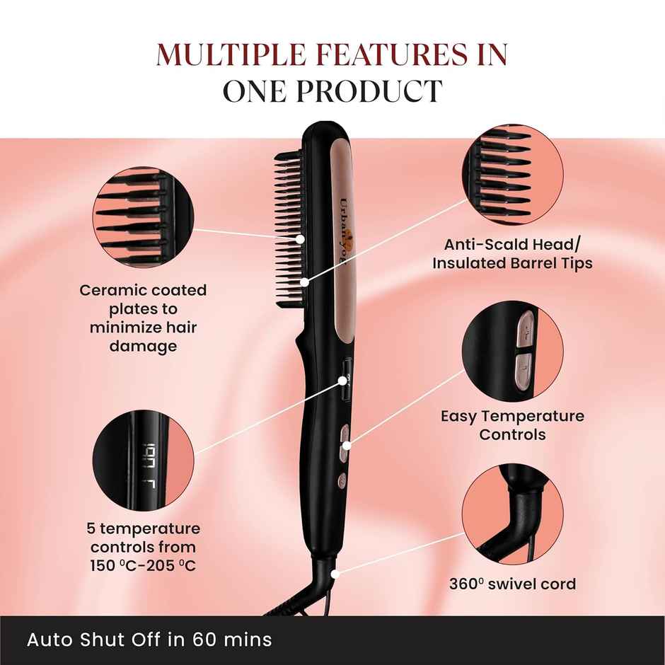 Urban Yog Makemeebold Hair Straightener Brush | Ceramic Plates, 5 Temp Controls, 1200W