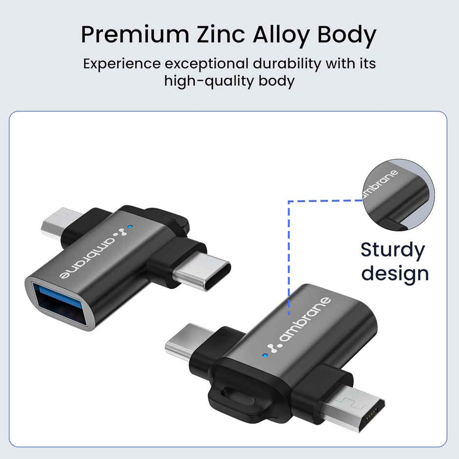 Ambrane 2 in 1 OTG Adapter Micro USB+USB Type C to USB Female Connector, OTG Pen Drive Adapter to Mobile Connector Type C, Compatible with All Devices - Black