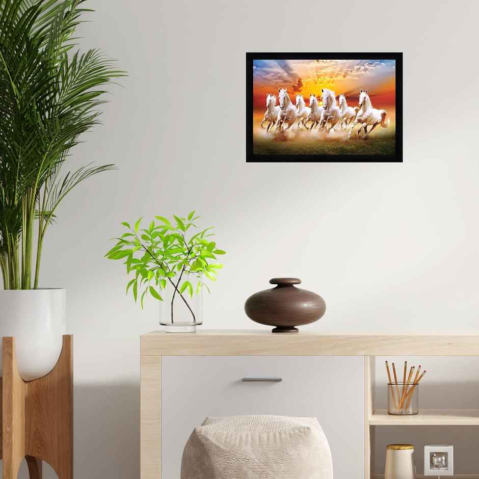 Indianara Vastu Runing Seven Horses Painting With Frame 13 in X 10 inch | 10268SBK