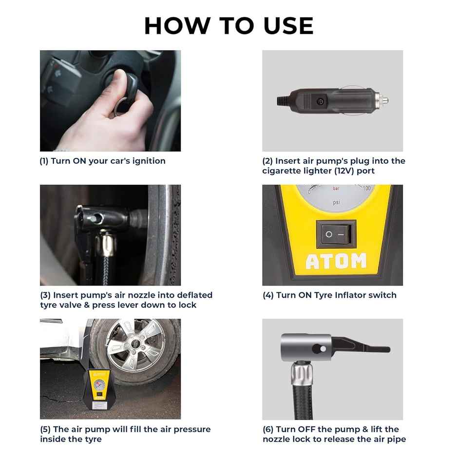 Autofy Atom Car Tyre Inflator 100Psi Portable Air Compressor Pump | 12V Dc