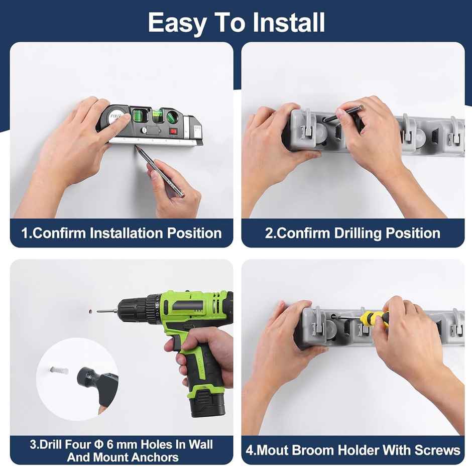 Urbanfix Bulfyss Mop & Broom Holder | Wall Mounted 4 Slot with 5 Hook Cleaning Supplies Organizer