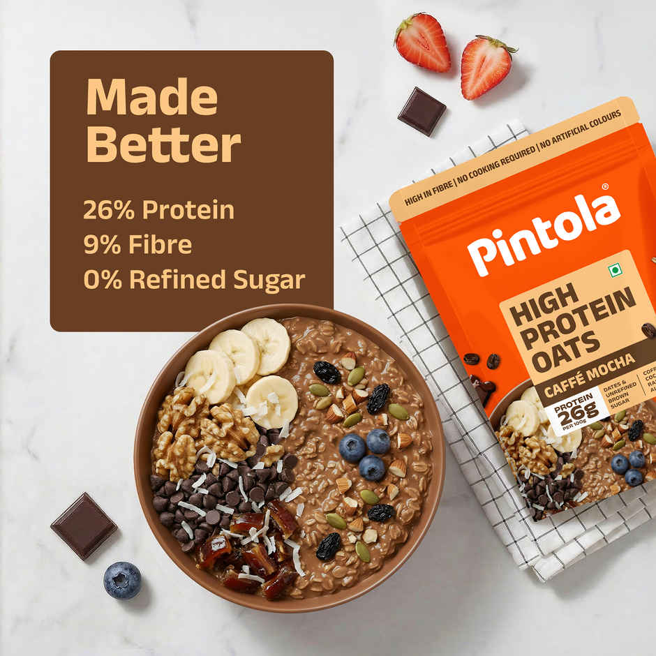 Pintola 26g High Protein Oats | Caffe Mocha - No Refined Sugar - With Almonds & Raisins