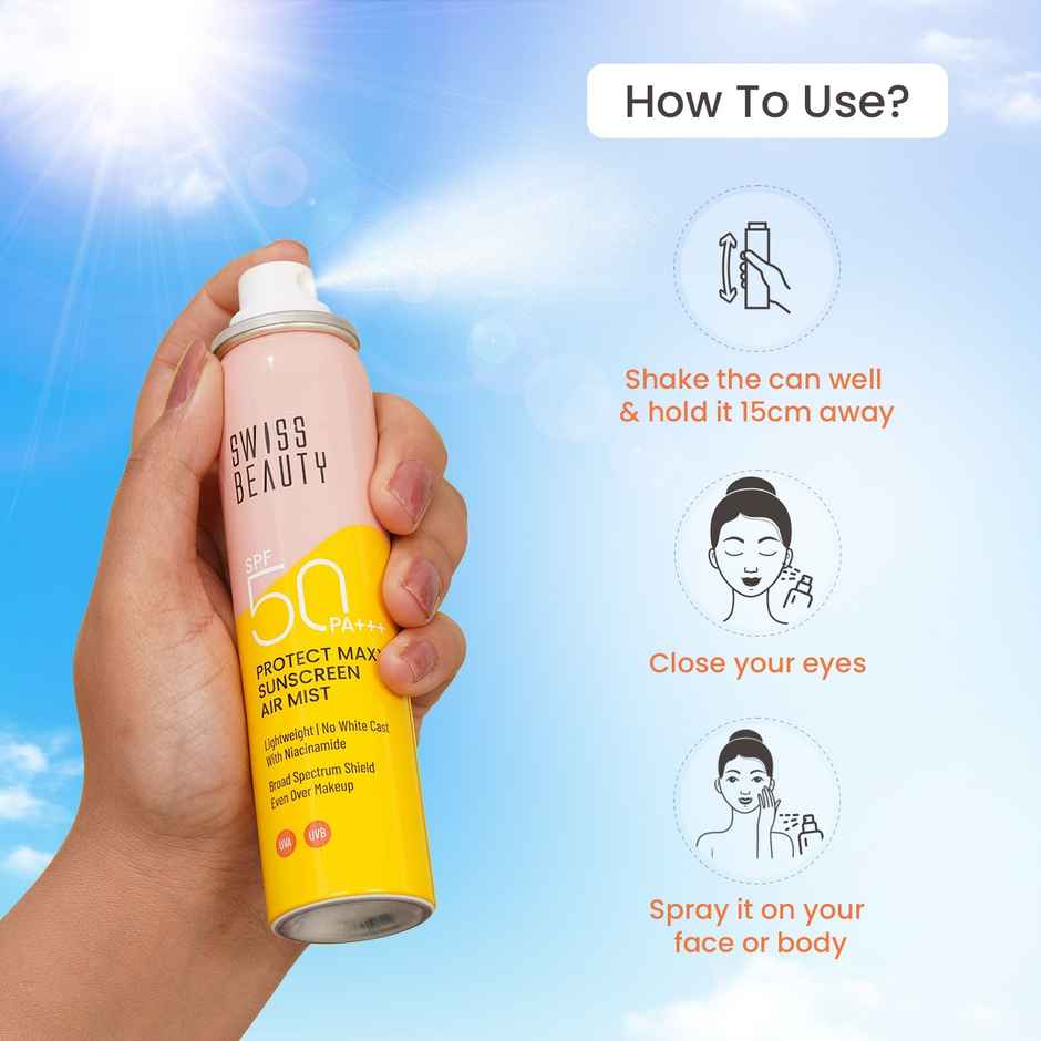 Swiss Beauty Protect Maxx Sunscreen Air Mist | SPF 50 PA+++ | For Face & Body