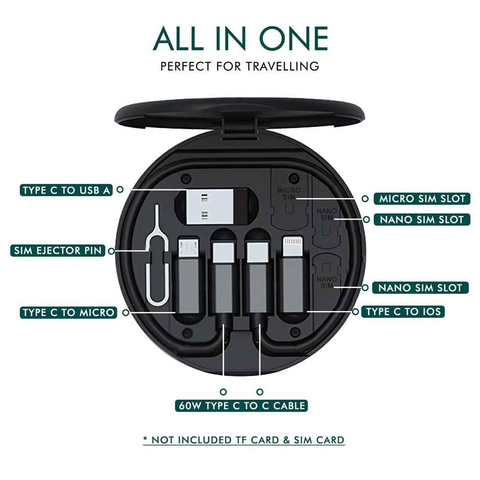Wayona All In One 60W Usb Fast Charging Travel Cable Type C Lightening Microusb Port Samsung Black