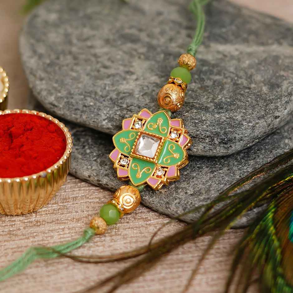 Meenakari Green, Pink & Golden Designer Rakhi for Brother & Roli Chawal Pack (eCraftIndia)