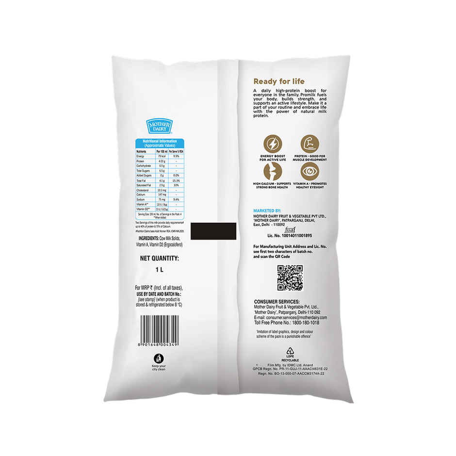 Mother Dairy Promilk | Protein Fresh Milk | 20g Protein | Pouch