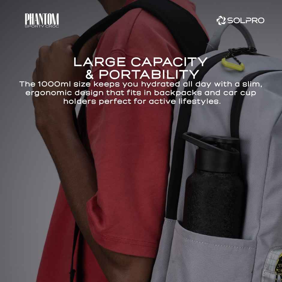 Solpro Phantom Stainless Steel Water Bottle | Gym Bottle | Odor & Bpa Free | 1 L | Black