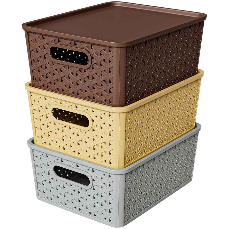 Tex-Ro Plastic Woven Design Side Handle Multipurpose Storage Basket with Lid | Pack of 3