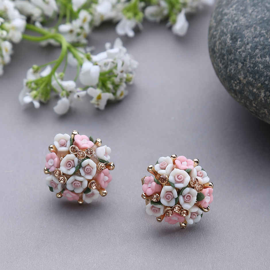 Sohi Pink White Floral Studs Earrings