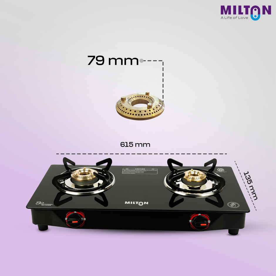 Milton Premium 2 Burner Black Manual Ignition LPG Glass Top Gas Stove, | ISI Certified