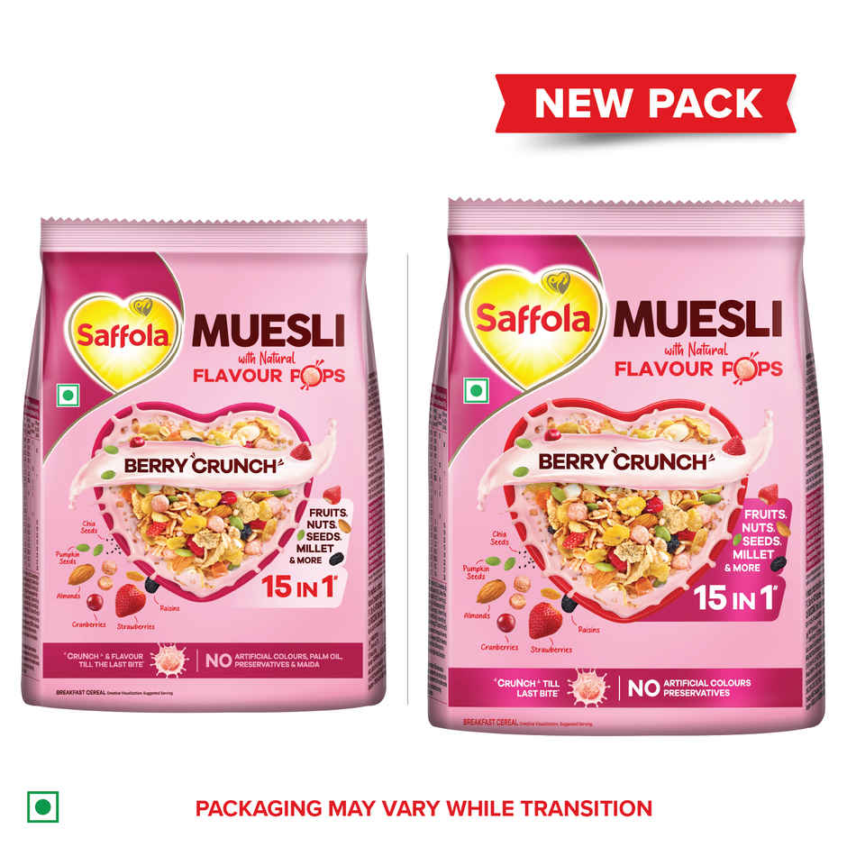 Saffola Muesli Berry Crunch with Flavour Pops | 15 in 1 Fruit and Nuts, Seeds | Millet & more