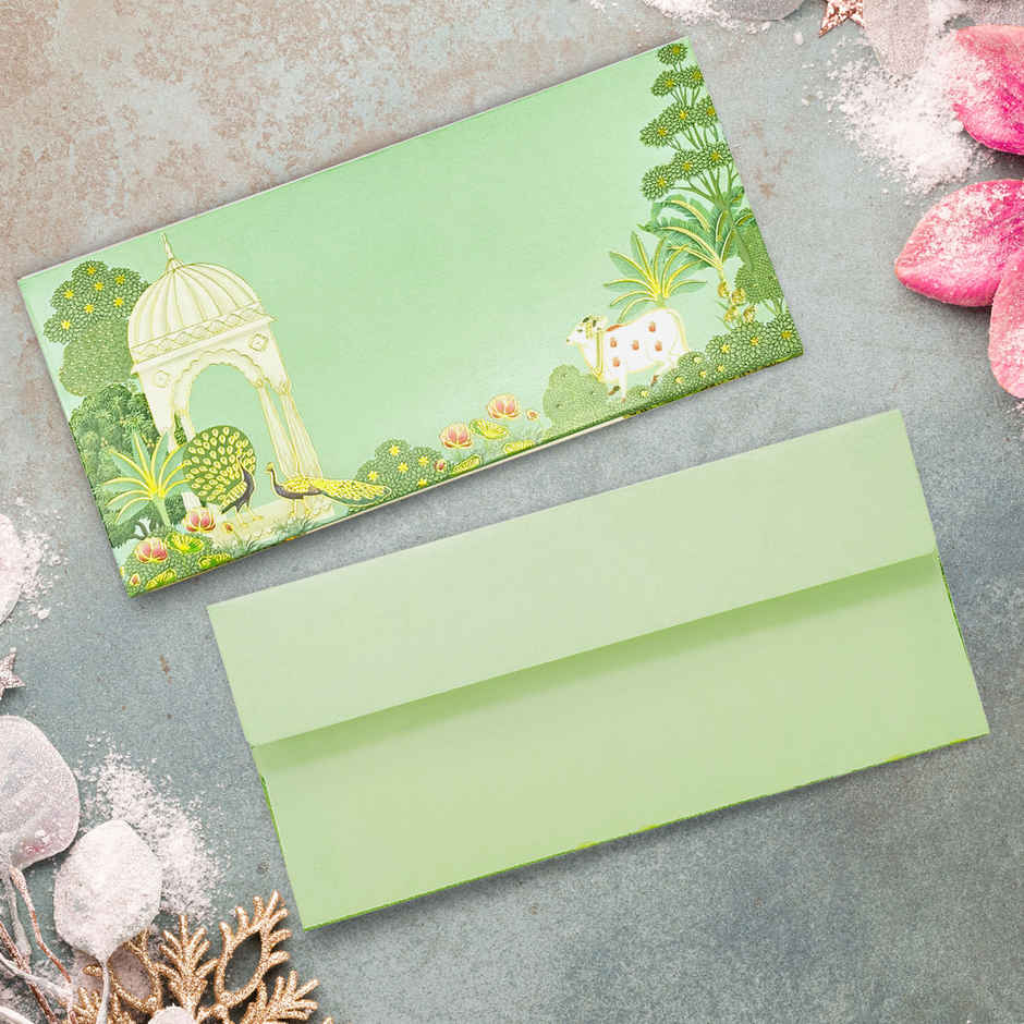 PaperPep Peacock Print | Foiled Textured Paper Shagun Envelopes | Green