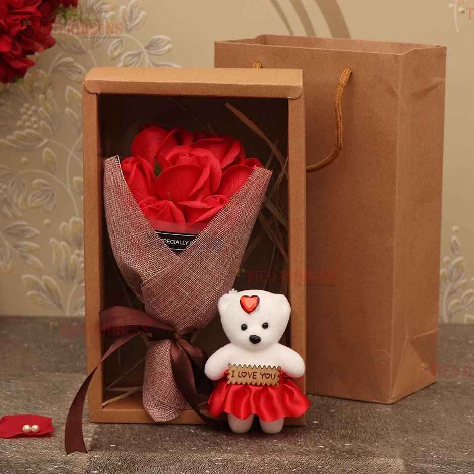 Tied Ribbons Artificial Red Rose Bouquet & Teddy