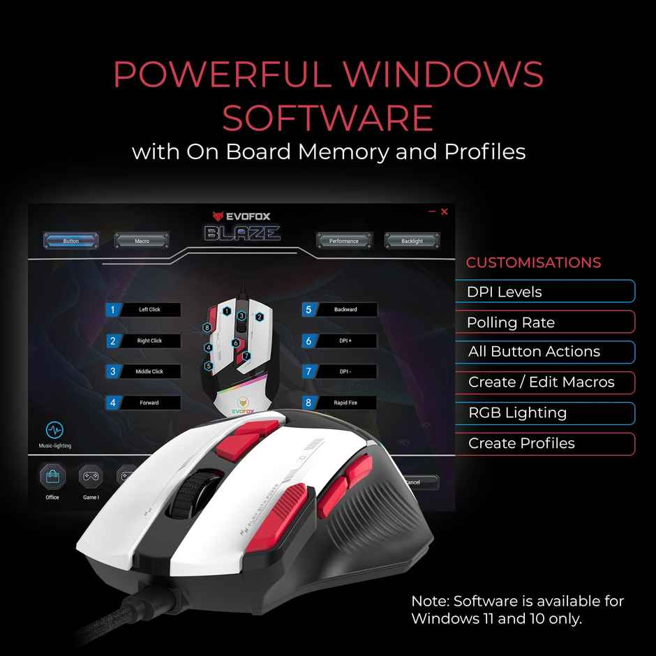 EvoFox Blaze Ultra Value 8 Button Programmable Gaming Mouse with 1000Hz Polling Rate | Gaming Grade DPI 200 to 12800 | Ultra-Responsive 7000fps | RGB Lights with Music sync Mode | Windows Software - Blaze (Black)