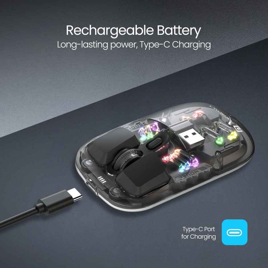 Portronics Toad 5 Transparent Bluetooth Mouse with 2.4GHz & BT5.3 Dual Wireless, Rechargeable(Black