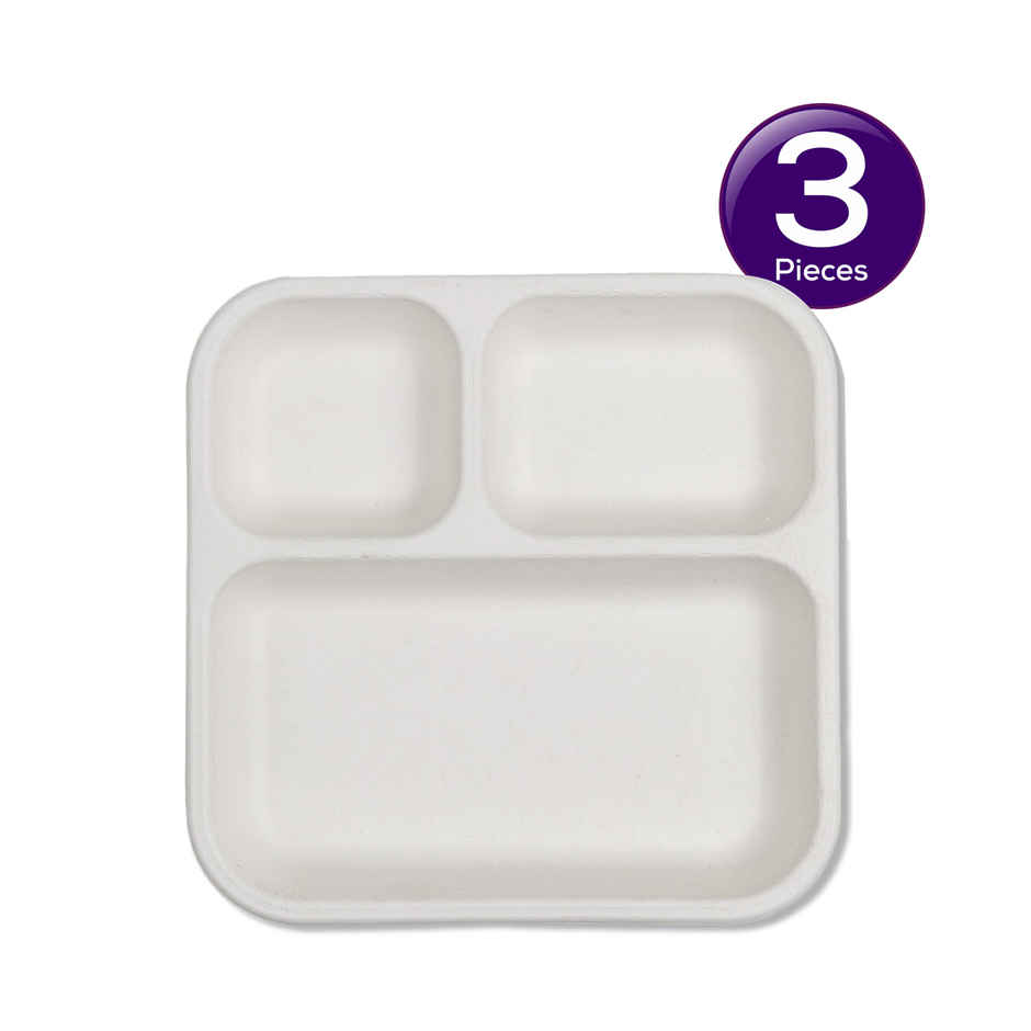 Vinay Trading Bio- Degradable Bagasse 3 Compartment 11 Inch Square Plates | Disposable Plate Combo
