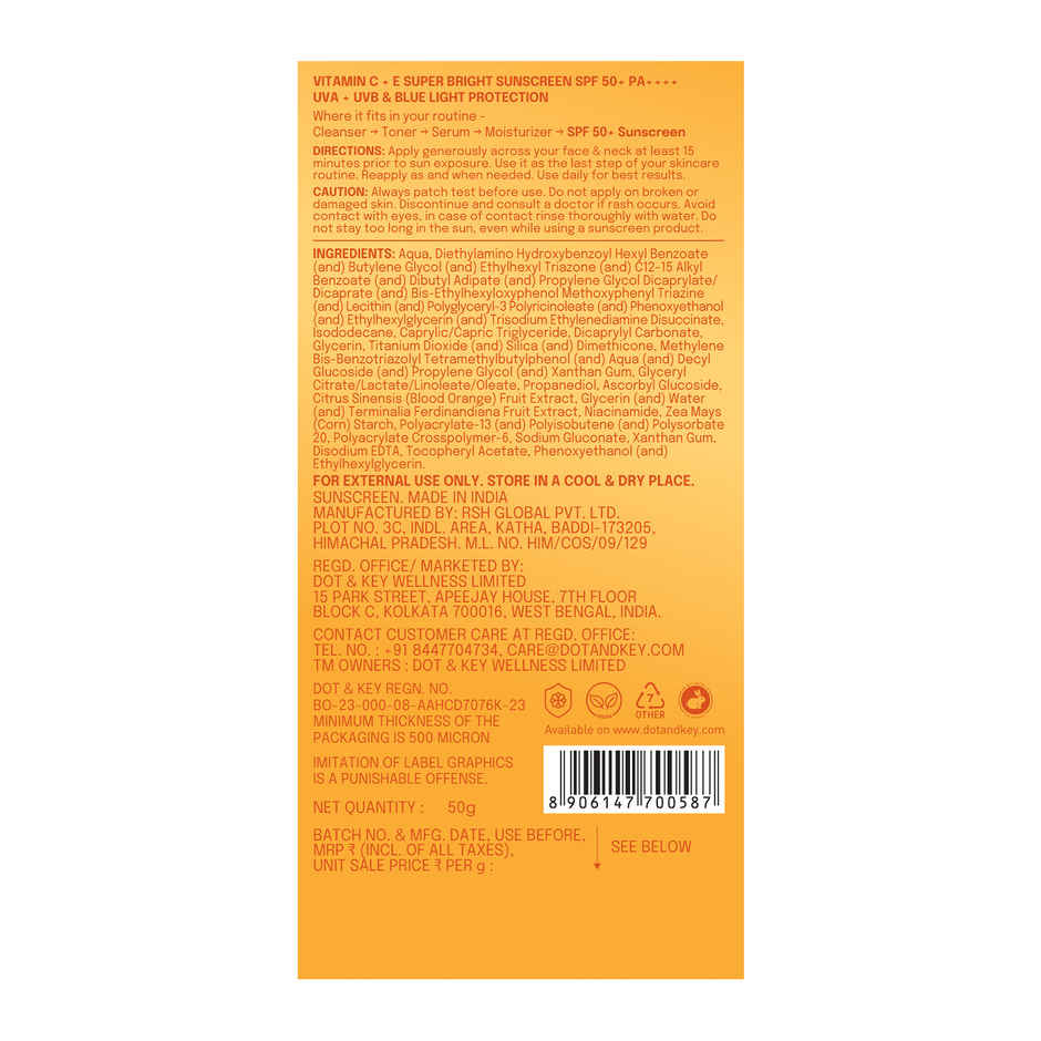 Dot & Key Vitamin C + E Face Sunscreen SPF 50 PA+++ For Glowing Skin, 100% No White Cast