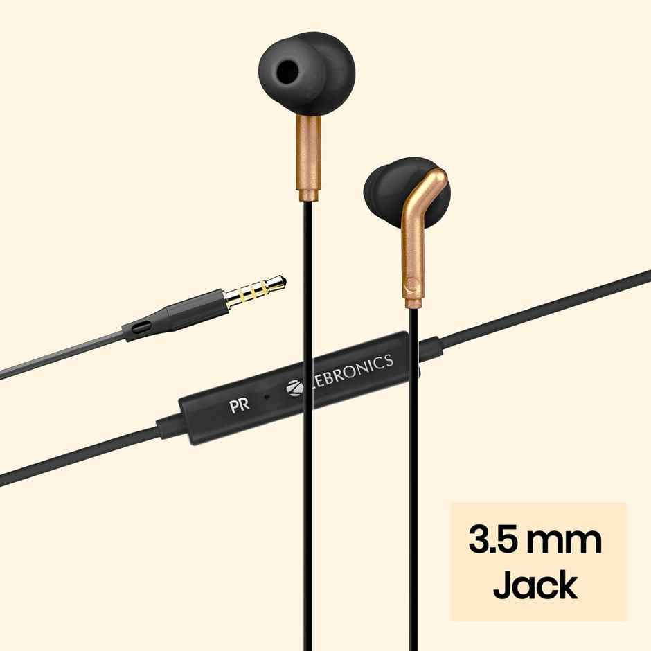 Zebronics Bro in Ear Wired Earphones with Mic, 3.5mm Audio Jack, 10mm Drivers, Phone/Tablet Compatible - Black & Gold