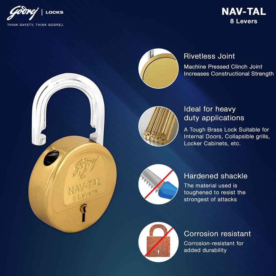 Godrej Navtal 8 Levers 85mm Padlock | 3 Keys | For Main Door, Gate, Tool Box | Brass Finish
