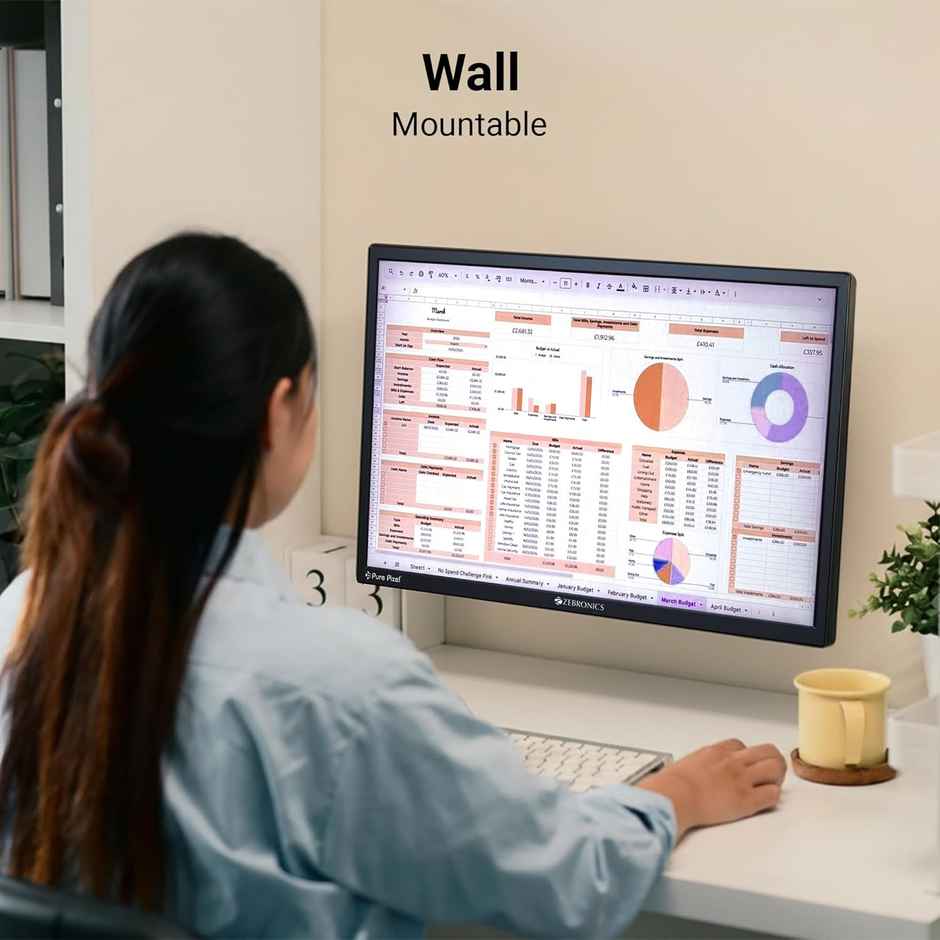 Zebronics FHD LED Monitor | 1920x1080 | 250 Nits | HDMI | VGA | 16:9 | Wall Mount - 21.5 in