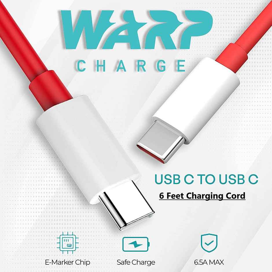 Sounce 65W Oneplus Charge Cable,6.5A USB Type-C To Type C Compatible With One Plus 8T/9/9R/9Pro/9Rt/10RNord & For All Type C Device Red,1 Meter