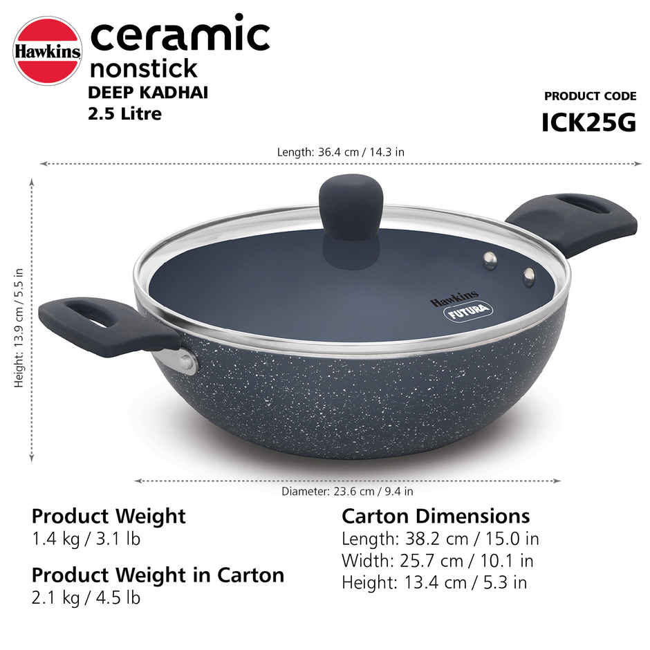 Hawkins Ceramic Nonstick Deep Kadhai with Lid | 2.5 L | Blue