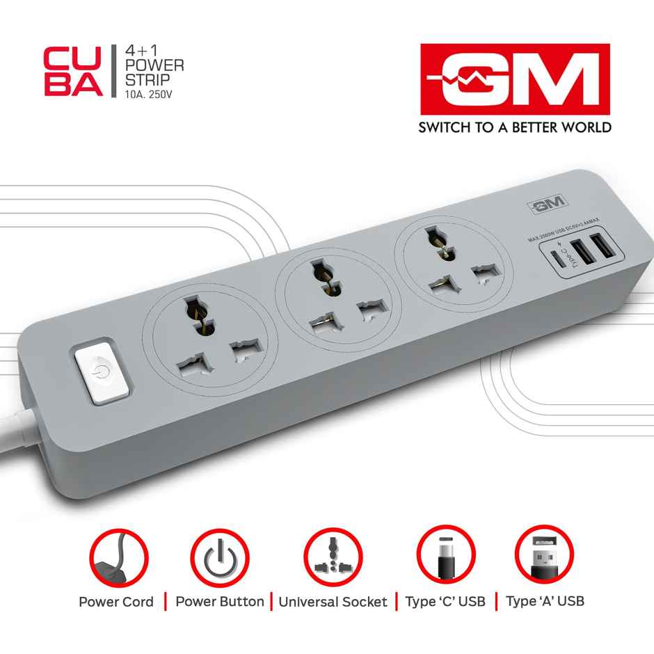 GM Cuba 3341 Extension Board with USB Port Type A & C | 2500 Watt Switch Board Surge Protector | Spike Guard with 1.8 Mtr Cord, 3 International Sockets | Fireproof Upto 750 Degree