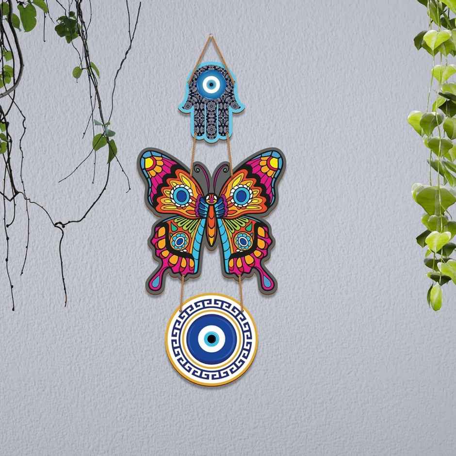 Daluci Wooden Wall Hanging For Home Decor | Hamsa Hand Peace Charm | Butterfly Evil Eye