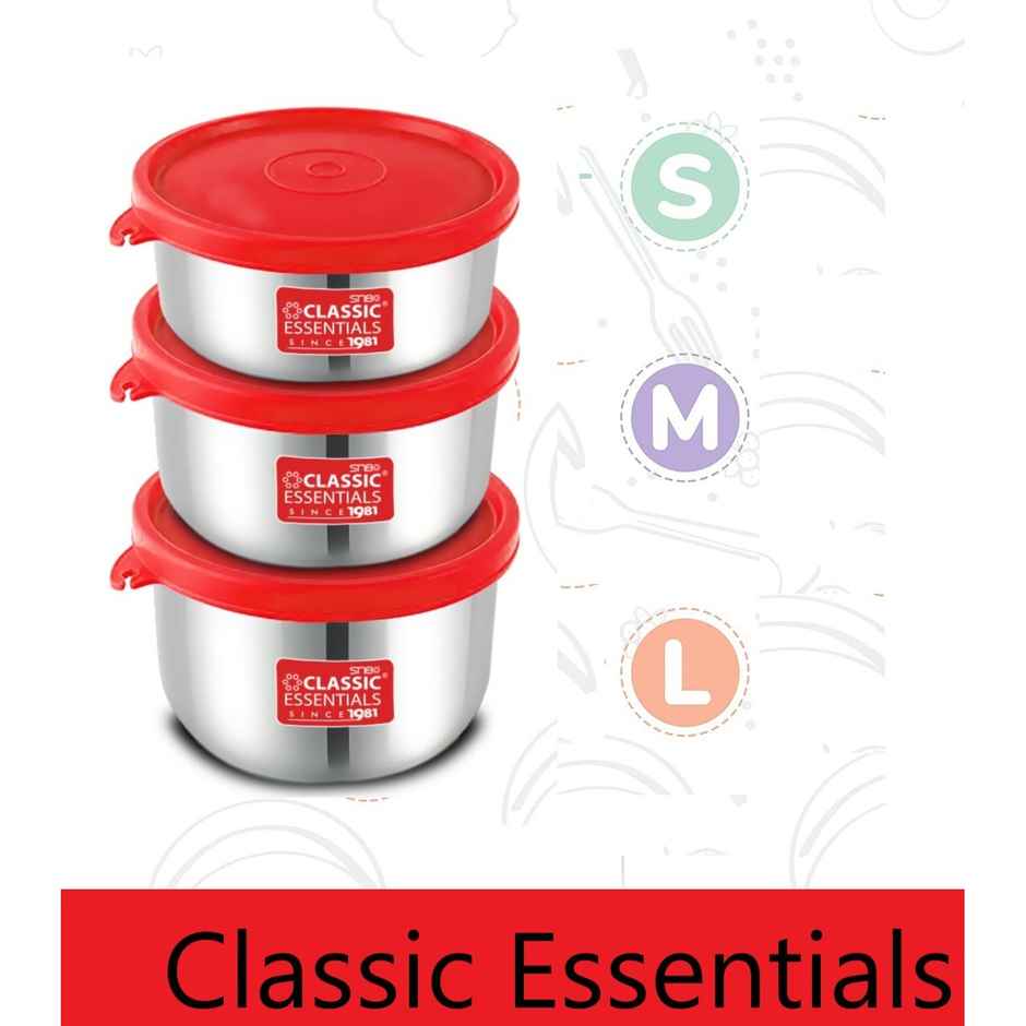 Classic Essentials Steel Utility Container 300 ml, 400 ml, 500 ml Pack of 3 Red