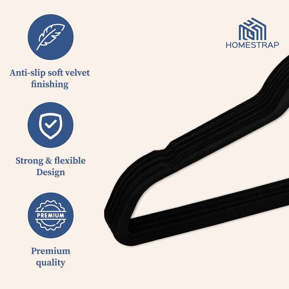 Homestrap Velvet Plastic Cloth Hanger | Black | Pack of 6
