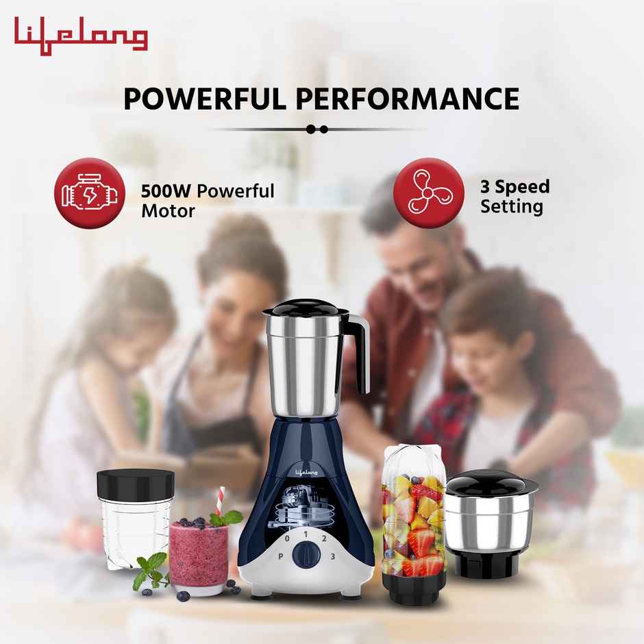 Lifelong Mixer Grinder | 500 W | 4 Jars - 2 Stainless Steel Jars and 2 Nutri bullet Jars for Smoothie & Blending - Blue