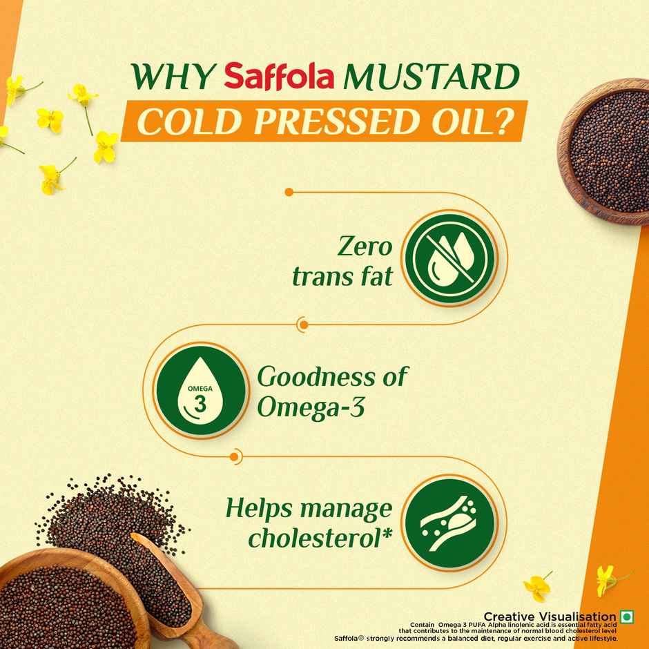 Saffola Cold Pressed Kachi ghani Mustard Oil, 0 trans fat, Unrefined, Chemical free