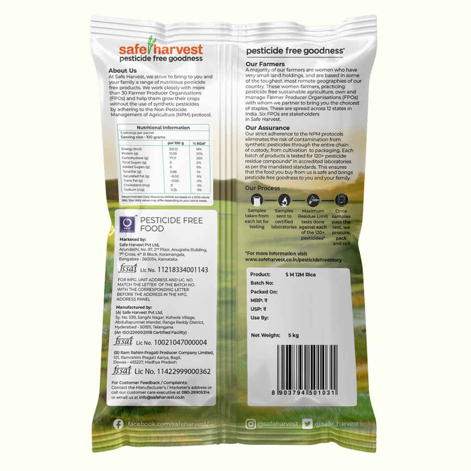 Safe Harvest Sona Masoori Raw Rice 12 Months | Lab-Tested | Pesticide Free