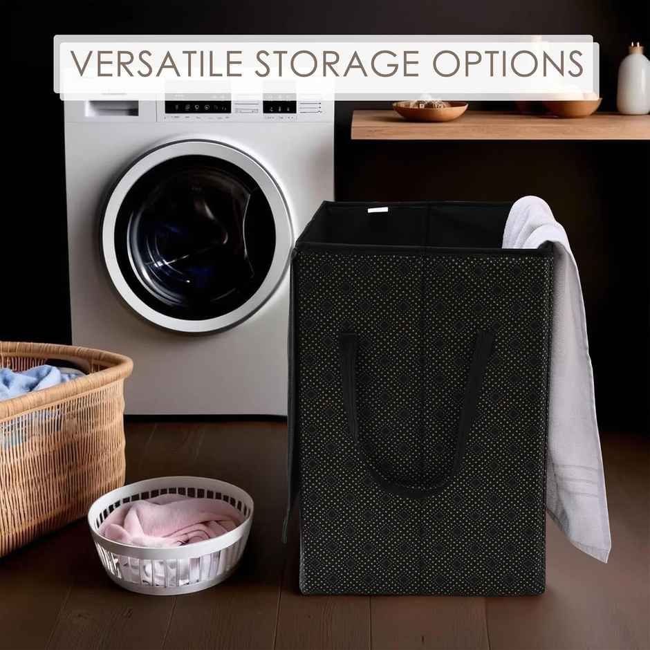 Kuber Industries | 75 L | Golden Dot Foldable Laundry Basket | Lid & Handles | Black