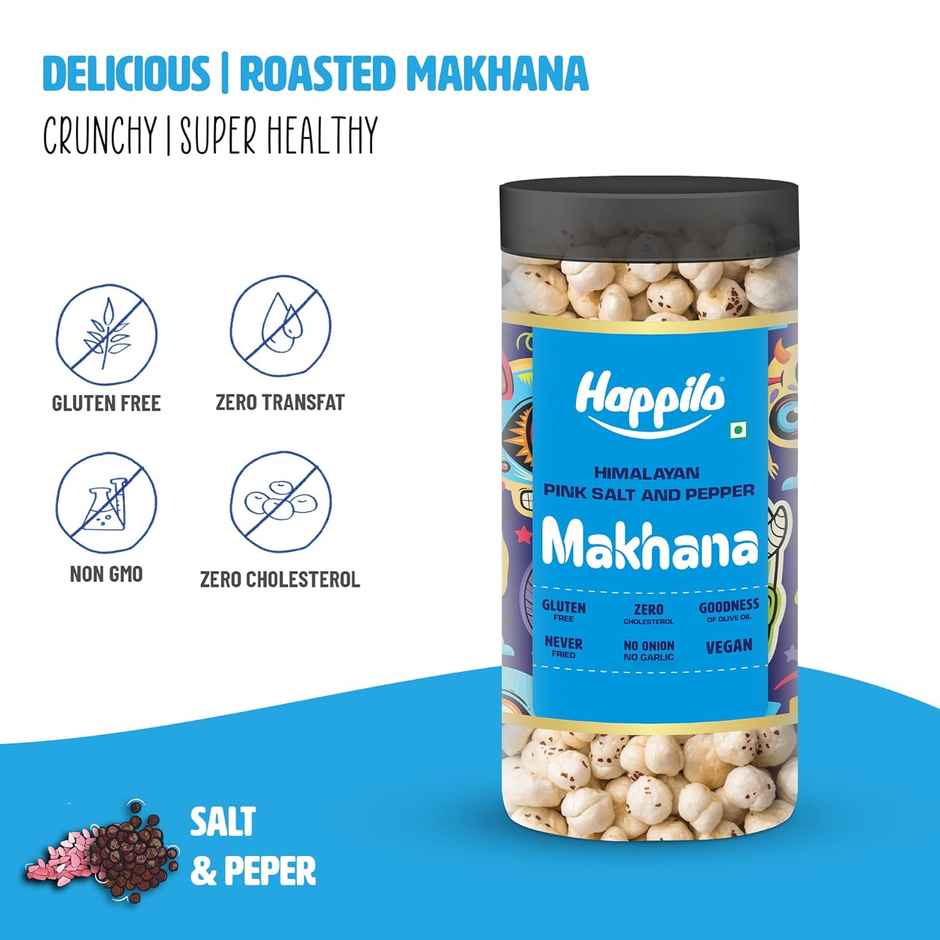 Happilo Makhana Himalayan Pink Salt & Pepper Jar, Roasted Foxnut Healthy Snack