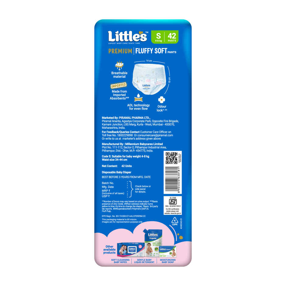 Little's Fluffy Soft Premium Baby Pant Style Diaper | S | Leakage Free | 42 pcs