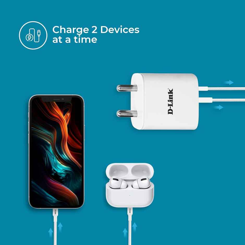 D-Link 33W Dual Port Fast Charger Type-C & Usb-A,Free Type C To Type C 3A(60W) Cable-White