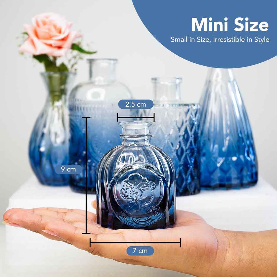 Ekhasa Crystal Blue Glass Bud Vases Flower Pots For Home Decoration | Set Of 5