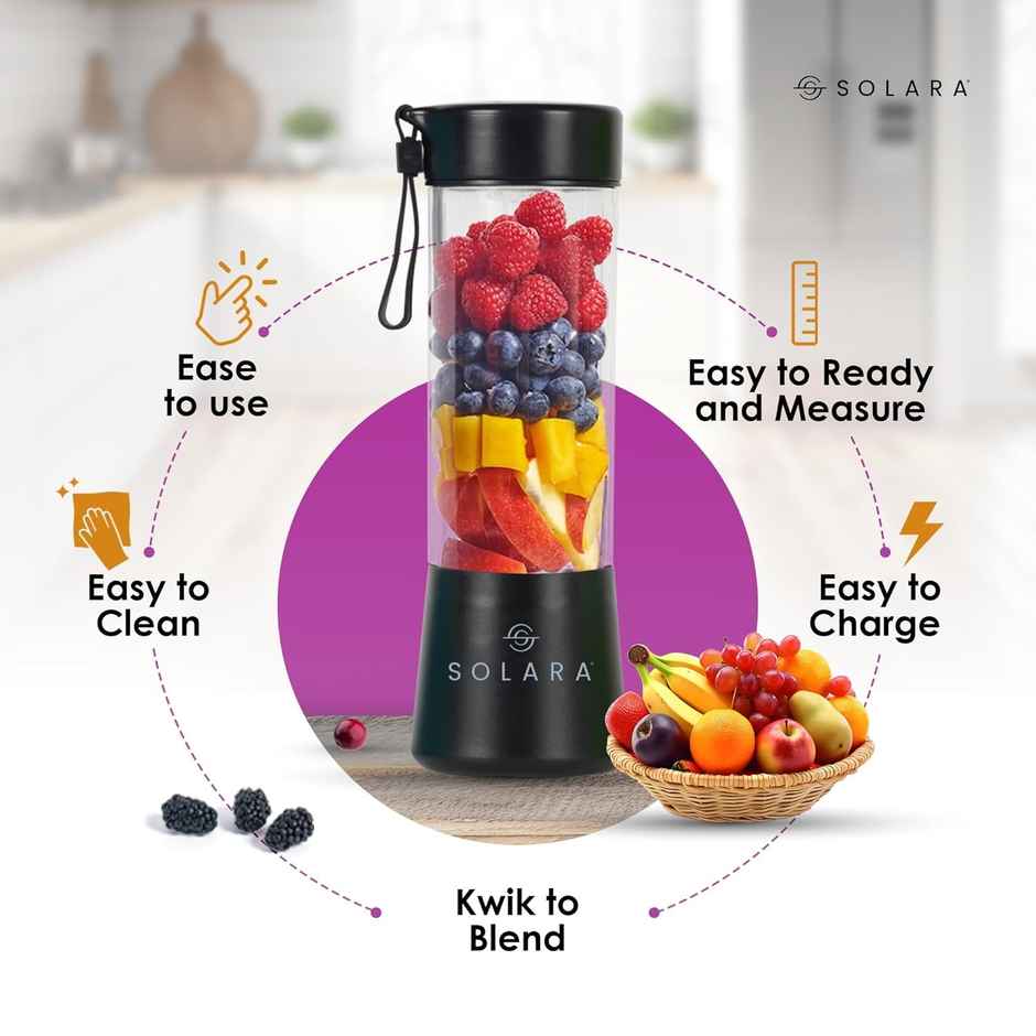 SOLARA Blendkwik 180Watts Portable Blender for Juices, Shakes, Smoothies, Crushing Ice, 450ml, USB Rechargeable Battery with 4000 mAh - Black Knight