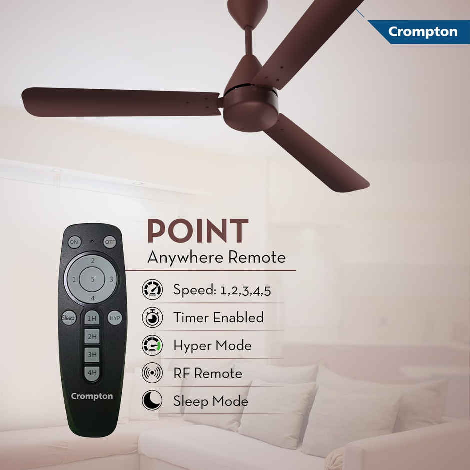 Crompton Energion Hyperjet BLDC Ceiling Fan, 28Watt, 1200mm/48 Inches, Dual Control Fan - Remote & Regulator Control, Anti-Rust - Brown