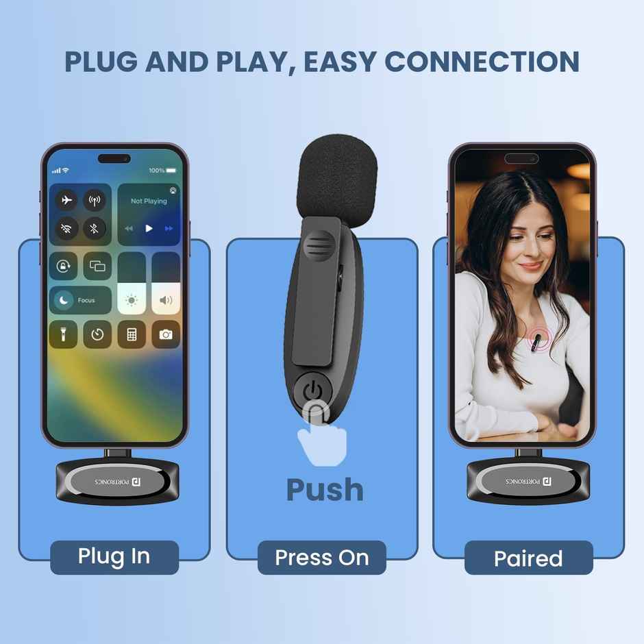 Portronics Dash 7 Omnidirectional 8 pin Wireless Microphone, Noise Cancellation, Plug & Play (Black)