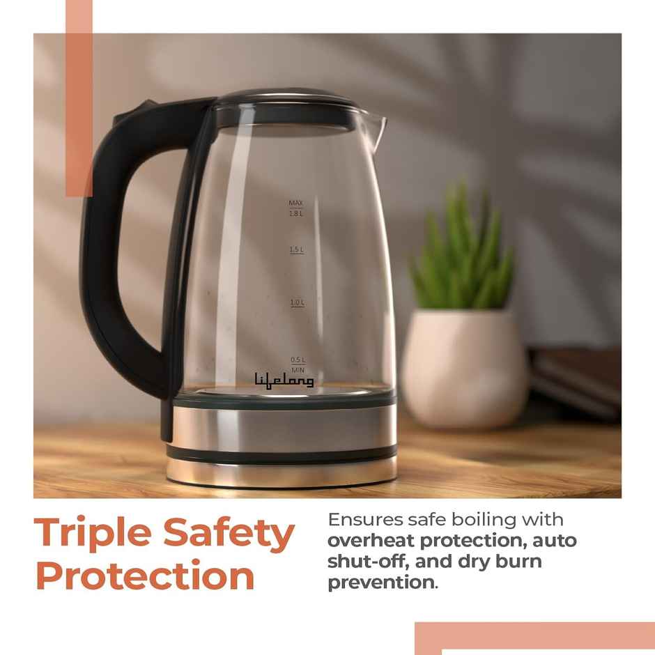Lifelong Glass Kettle, 1350W, LED light Borosilicate, Auto Shut-Off, Cool Touch | Black - 1.8 L