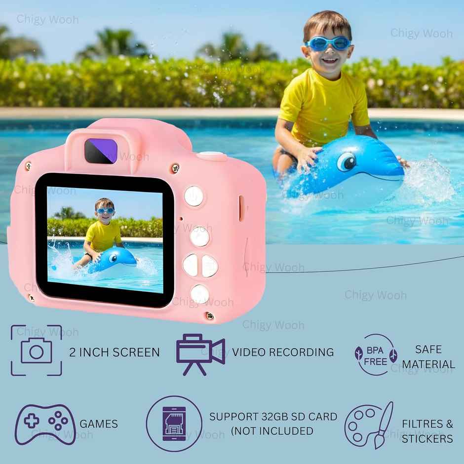 Chigy Wooh Digital Camera Toy for Kids | Video Recording | Mini Games | Rechargeable | Pink