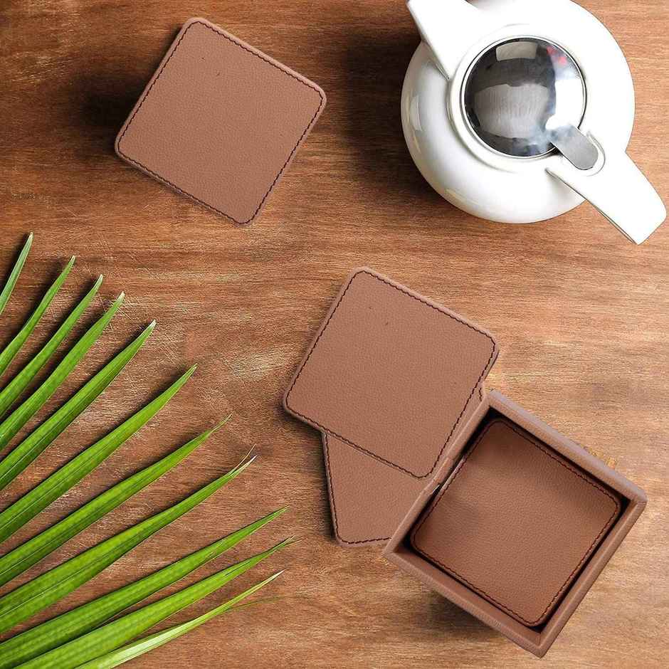 Kuber Industries Tea Coaster|Soft Leather Heat Insulation Tabletop Coasters Set of 6 | Light Brown