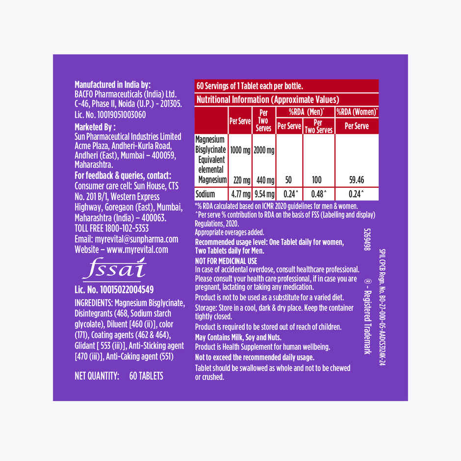 Revital Magnesium Bisglycinate|Chelated|100% RDA| 440mg Elemental| crafted for both Men & Women 